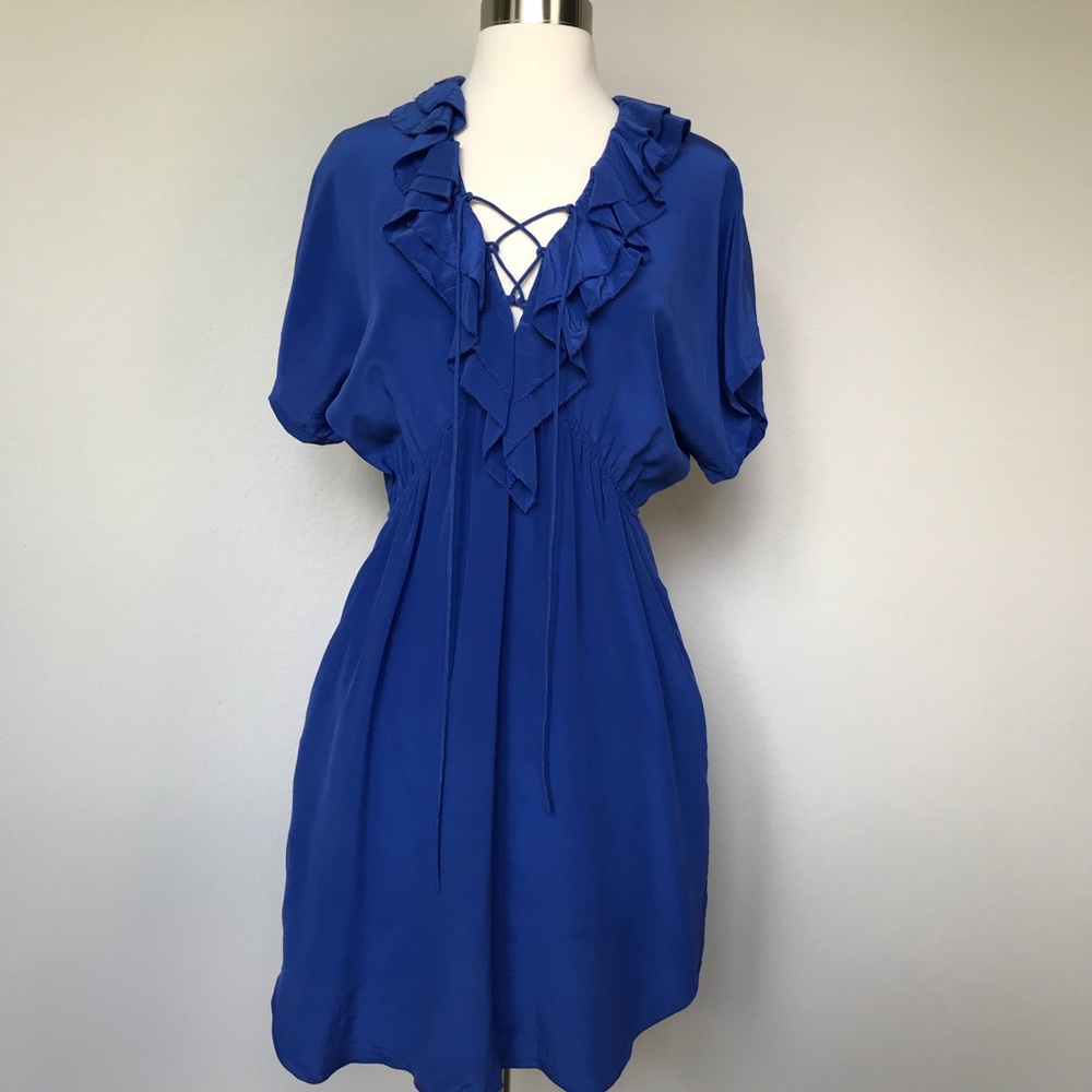 Rebecca Taylor Blue Silk Lace Up Ruffle Dress 2